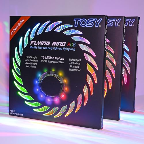 TOSY Flying Ring - 16 Million Color RGB, Super Bright, Lost Mode, Auto Light Up, Safe & Soft, Waterproof, Lightweight Frisbee, Birthday, Camping & Outdoor/Indoor Gift Toy for Boy/Girl/Kid, 3-Pack