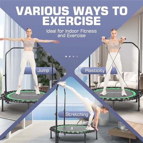 ANCHEER 40" Foldable Mini Trampoline - Max Load 350lbs - 450lbs Indoor Trampoline - with 4 Level Adjustable Foam Handle and Resistance Bands - Adult Exercise Trampoline for Home, Gym and Garden(Blue)