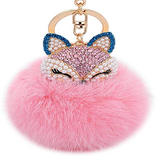 LXSSLY Blue Fox Keychain,Rabbit Fur Ball Pom Pom Crystal Keychain,Diamond Keychain,Rhinestone Car Keychains for Women Girl