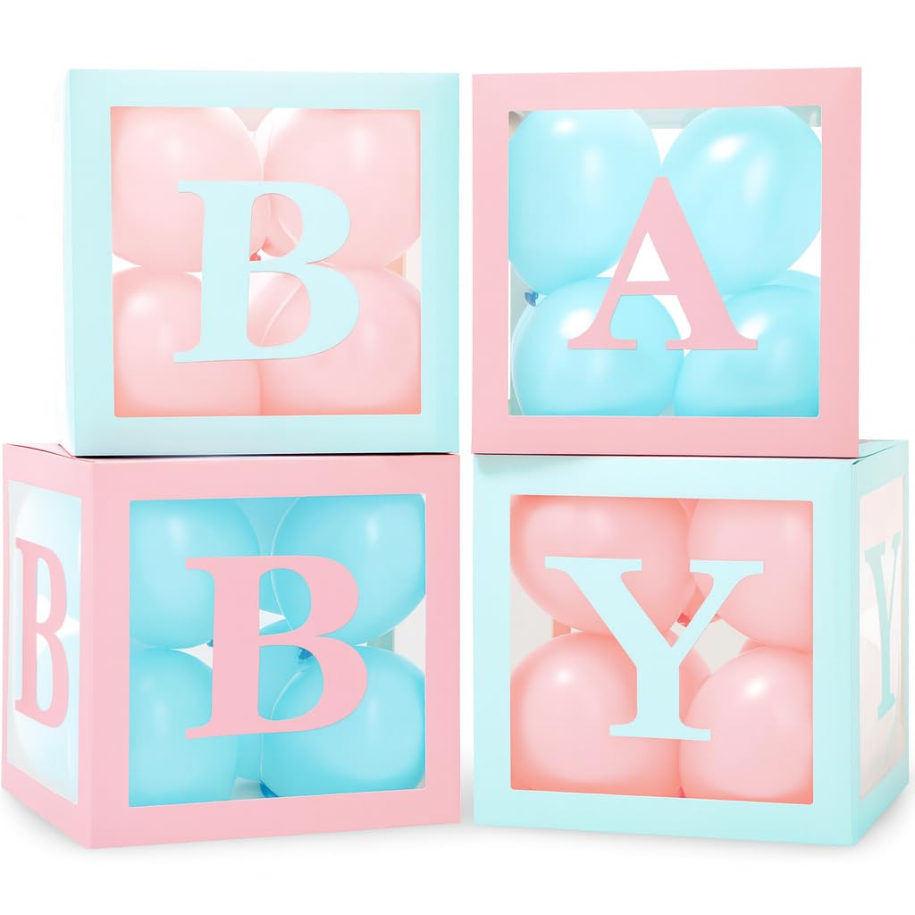 Baby Shower Boxes with Letters – Pink And Blue Boxes with Pink & Blue Balloons – 44-Piece Gender Reveal & Party Decoration Set by Vellax