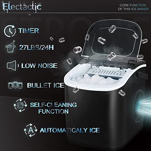 Electactic Ice Maker Countertop, Efficient Easy Carry Ice Machine, Self-Cleaning Ice Maker with Ice Scoop & Basket, 9pcs/ 8mins 26.6Lbs Per Day for Home/Office/Kitchen,Black