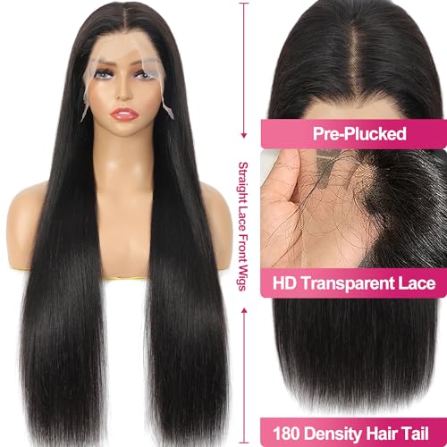Btomar Straight Lace Front Wigs Human Hair HD Transparent Lace Front Human Hair Wigs for Women Frontal Wigs Human Hair Pre Plucked with Baby Hair Natural Color (6 Inch)