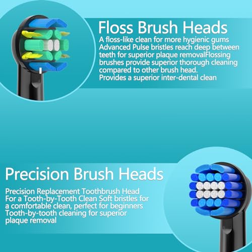 KHBD 16 Pack Replacement Heads for Oral B Braun- Includes 4 Sensitive Brush, 4 Precision Brush, 4 Deep Cleaning, 4 Floss Cleaning Toothbrush Heads Black