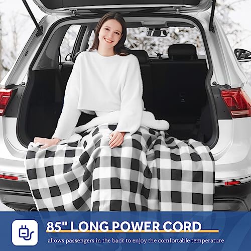 SEALY 12-Volt Heated Car Blanket with 2 USB Output Ports, 3 Heating Levels & 4 Hours Auto Off, Electric Blanket for Car, Truck, SUV, RV or Camping, Machine Washable, 59" X 43", Plaid