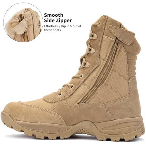 WIDEWAY Men's/Women's Tactical boots 8 Inches Combat Military Work Desert Leather boots with Side Zipper