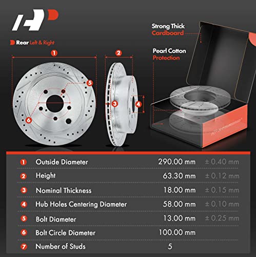 A-Premium 11.42 inch (290mm) Rear Drilled and Slotted Disc Brake Rotors + Ceramic Pads Kit Compatible with Select Scion and Subaru Models - FR-S 13-16, BRZ 13-17, Legacy 10-13, Outback 10-14