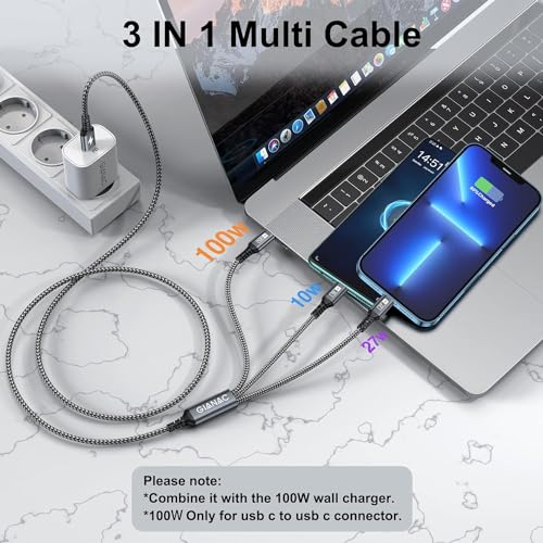 100W USB C Multi Charging Cable [0.5M] 3 in 1 Charging Cable with E-Mark Chip, USB C [100W]+Lightning[27W]+Micro[10W] for Galaxy S23,iPad Pro, iPad Mini, MacBook Pro/Air/iPhone14 13 12 12