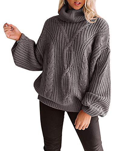Womens Chunky Turtleneck Sweaters Plus Size Long Sleeve Cable Knit Casual Loose Jumper Tops Grey