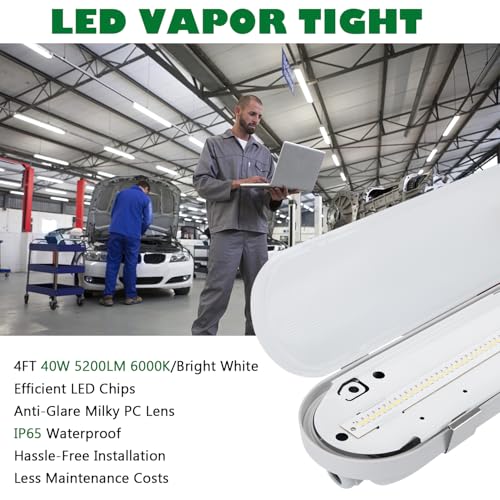 BRILLIHOOD 4FT LED Vapor Proof Light Fixture, 40W, 5200LM, 6000K Bright White, IP65 Waterproof Shop Light, 110-277V, Indoor Outdoor Vapor Tight Lighting for Garage, Car Wash, Warehouse, 1-Pack