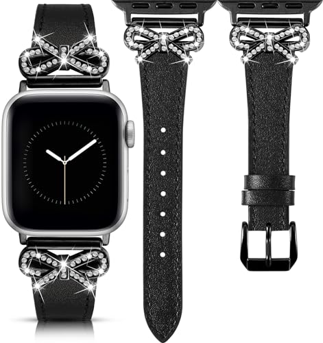 TOYOUTHS Bow Leather Band Compatible with Apple Watch Band 41mm 40mm 38mm Women, Top Grain Leather Strap Thin Slim Fancy Dressy Cute Designer Wristband for iWatch Series 9 SE 8 7 6 5 4 3 2 1