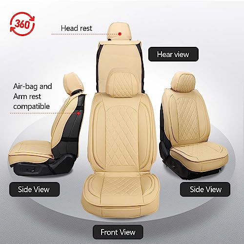 MIROZO Leather Car Seat Covers Full Set,Waterproof Automotive Seat Covers Universal Vehicle Seat Covers for Most Sedan SUV Pick-up Truck, Beige