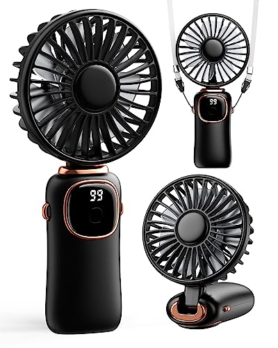coldSky Portable Handheld Fan, 4000mAh Battery Operated 3 in 1 Multifunction Personal Travel Fan with Digital Display, 90° Foldable Desk Fan with Base, 5 Speed Lash Fan for Makeup/Office (Black)