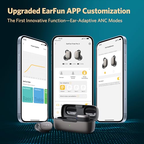 EarFun Free Pro 3 Noise Cancelling Wireless Earbuds, Hi-Res Sound, Snapdragon Sound with Qualcomm aptX™ Adaptive, 6 Mics ENC, Bluetooth 5.3 Earbuds, Multipoint Connection, Custom App, Wireless Charge