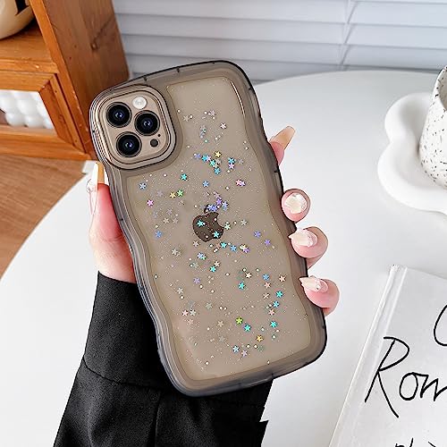 Qokey for iPhone 14 Pro Max Case 6.7", Curly Wave Design Transparent Bling Glitter Shiny Case Cute Clear Transparent Full Protection Soft TPU Shockproof Phone Cover(Black, for iPhone 14 Pro Max)