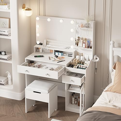 Vabches Vanity with Mirror and Lights, Makeup Vanity Table with Charging Station, Cute Vanity Set with Comfortable Bench, Big Vanity with 3 Storage Compartments, 39.8inch, White