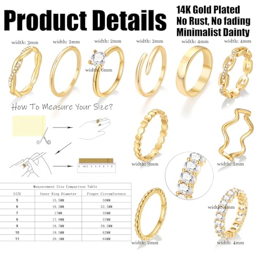 10 PCS 14K Gold Plated Rings Set for Women, Dainty Gold Knuckle Rings Non Tarnish, Simple Thumb Stacking Rings Pack Size 6/7/8/9/10