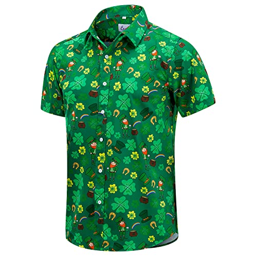 EUOW St. Patrick's Day Hawaiian Shirt for Men Irish Printed Casual Short Sleeve Button Down Beach Shirts(Green,S)