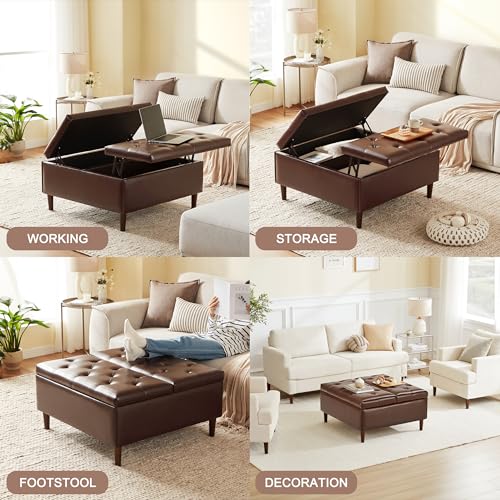 Weture 35 Inch Extra Large Storage Ottoman Coffee Table with Lift Top, Oversized Square Ottoman with Storage, Tufted Upholstered Ottoman Coffee Tables for Living Room (Fabric, Beige)