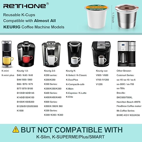 RETHONE K Cup Reusable Coffee Pods, Universal Stainless Steel Reusable K Cups Compatible with Keurig 1.0 & 2.0 Coffee Machines Brewers Refillable K Cups (1 Pack)