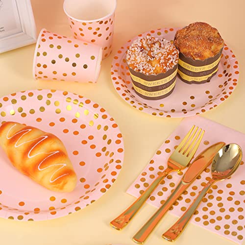 Dn Dennov 168PCS Pink and Gold-Pastel Party Supplies, Severs 20 Disposable Party Dinnerware Include Paper Party Plates, Cups, Napkins, Straw, Wooden Fork Spoon for Wedding,Christmas (Pink and Gold)