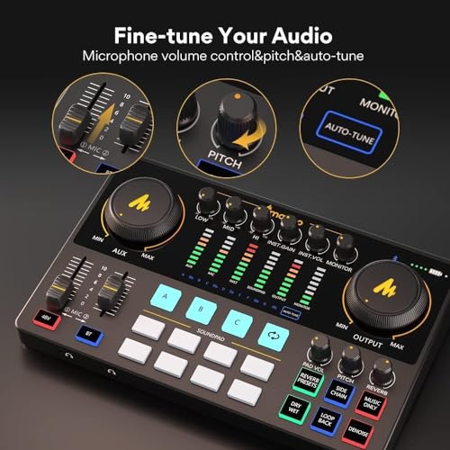 MAONO Audio Interface, MaonoCaster 10-Channel Podcast mixer with Pro-preamp, 48V Phantom Power, Bluetooth, 11 Customize sound pads for Recording, Streaming, Youtube, TikTok, PC, Guitar (AME2)