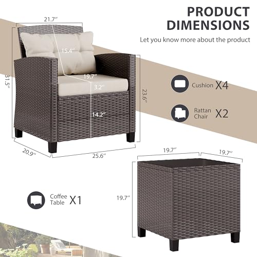 Vongrasig 3 Piece Patio Furniture Set Small Outdoor Wicker Rattan Front Porch Bistro Set Cushioned Patio Chairs Conversation Set with Glass Table for Lawn, Garden, Backyard, Balcony, Poolside (Beige)