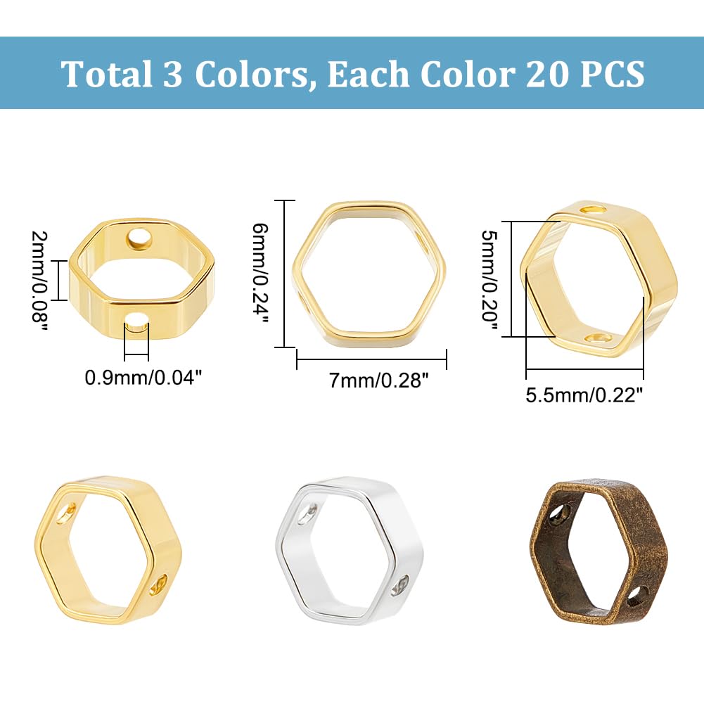 PH PandaHall 80pcs Hexagon Bead Frame, 4 Colors Brass Polygon Frame Connectors 6x7x2mm Loose Beads Two Hole Frame Spacer Beads Circle Bead Frame for Beading Earring Bracelet Necklace Making
