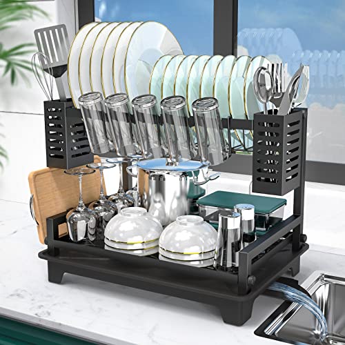 B-Land Dish Drying Rack, 2 Tier Dish Racks for Kitchen Counter, Large Dish Drying Rack with Drainboard & Utensil Holders, Rust-Proof Dish Drainers,Kitchen Organization