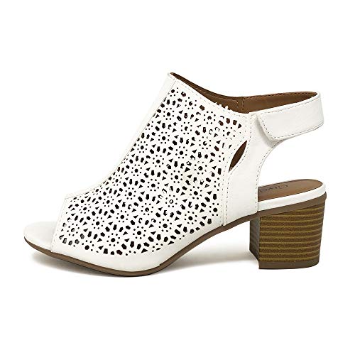 City Classified Footwear Women's Elect Caged Geometric Laser Cut Out Peep Toe Slingback Chunky Stacked Heel Ankle Bootie,White,5.5