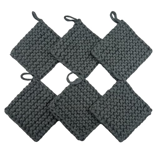 Set of 6 Hand-Made Cotton Coasters with Hanging Rings, Gift for Decoration of Dining Tables and Living Rooms, Super Absorbent Drink Coasters for Various Cups and Occasions, 4.7" x 4.7", Grey