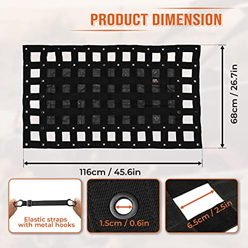 Kemimoto Heavy Duty UTV Cargo Net Stretchable UTV Roof Rack Bed Rail Cargo Bungee Netting with Straps Compatible with Polaris Ranger General Can am Defender Commander Maverick- 47" L 27" W