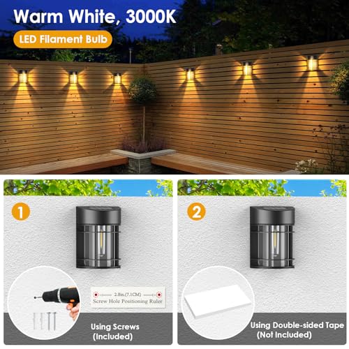 Mancra Solar Fence Lights Outdoor, 6 Pack Solar Deck Lights LED Filament Bulb Solar Wall Lights Waterproof Patio Decor for Porch Backyard Yard Garden, 3000K