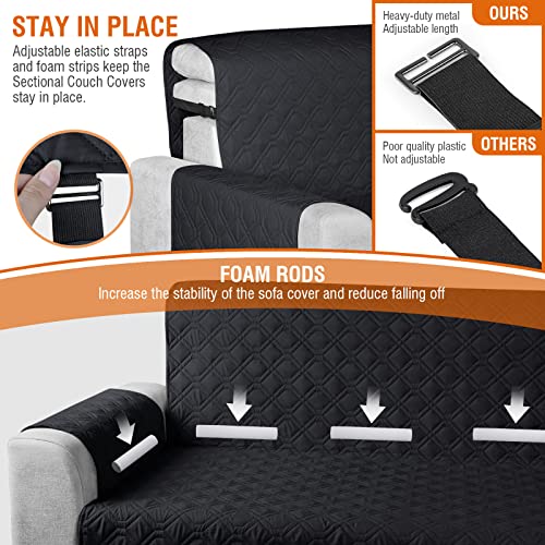 VANSOFY Sectional Couch Covers 100% Waterproof L Shaped Sofa Slipcover 3pcs Reversible Chaise Lounge Cover for Sectional Sofa Furniture Protector Cover for Pets Cat Dog(Small, Blcak)