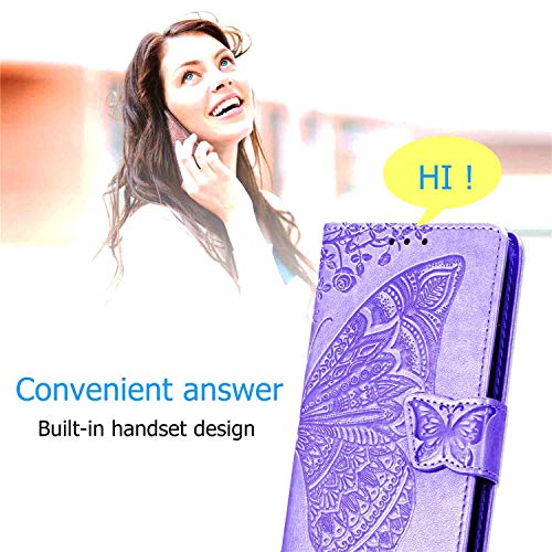 CaseHQ Compatible with iPhone 12 Mini Case 5.4 inch(2020),Wallet Case for Women and Girls,Premium Strap with Card Holder,3D Embossed Butterfly,Pu Leather Flip-Purple