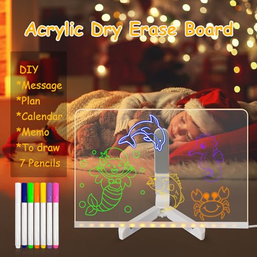 Acrylic Dry Erase Board with Light, LED Note Board with Colors,11.8 X 7.9” Light up Dry Erase Board with Adjustable Stand Glow Memo Creative Rewritable Message Board DIY Painted Light Board