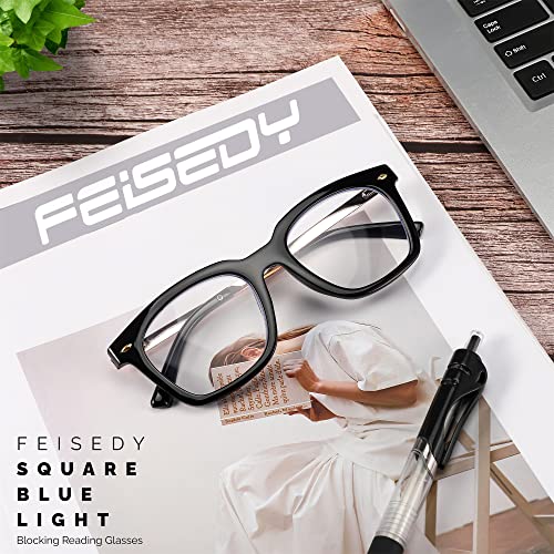 FEISEDY Reading Glasses, Blue Light Blocking, Square Oversized Glasses for Women and Men, B4096(Black, 1.50x)