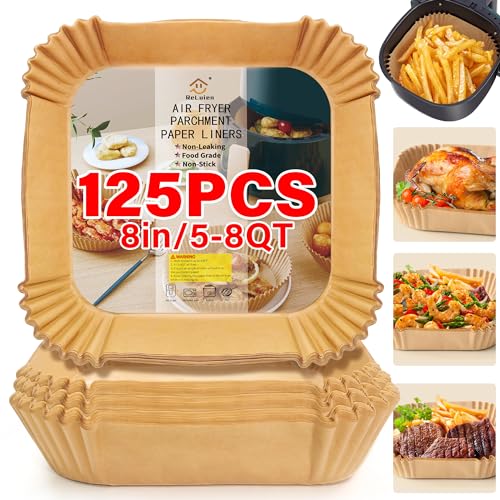 Air Fryer Liners Disposable, 125pcs Non-stick Disposable Airfryer Liners, 8 Inch Unbleached Parchment Paper, Square Air Fryer Paper Liners for 5-8QT Air Fryer, Baking, Roasting Microwave