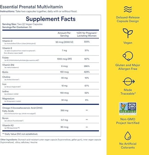 Ritual Essential for Women Prenatal Multivitamin: Folate & Choline for Neural Tube Support, Omega-3 DHA for Fetal Brain Development, Iron, Calcium-Helper D3 & K2, Non-GMO, Vegan, Citrus, 30 Days