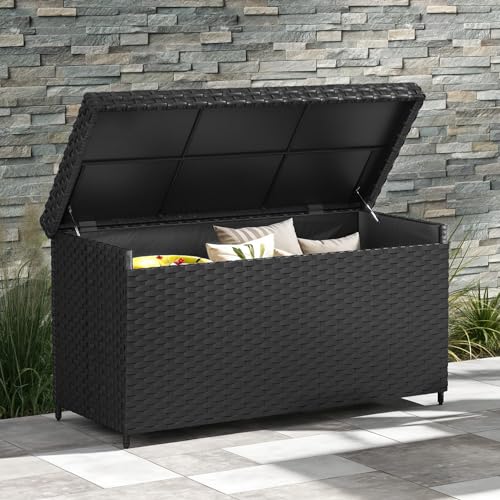 DWVO 170 Gallon Outdoor Storage Box, Weatherproof Wicker Deck Box, XL Outside Storage Container for Patio Furniture, Cushions, Pool Storage and Garden Tools (Black)