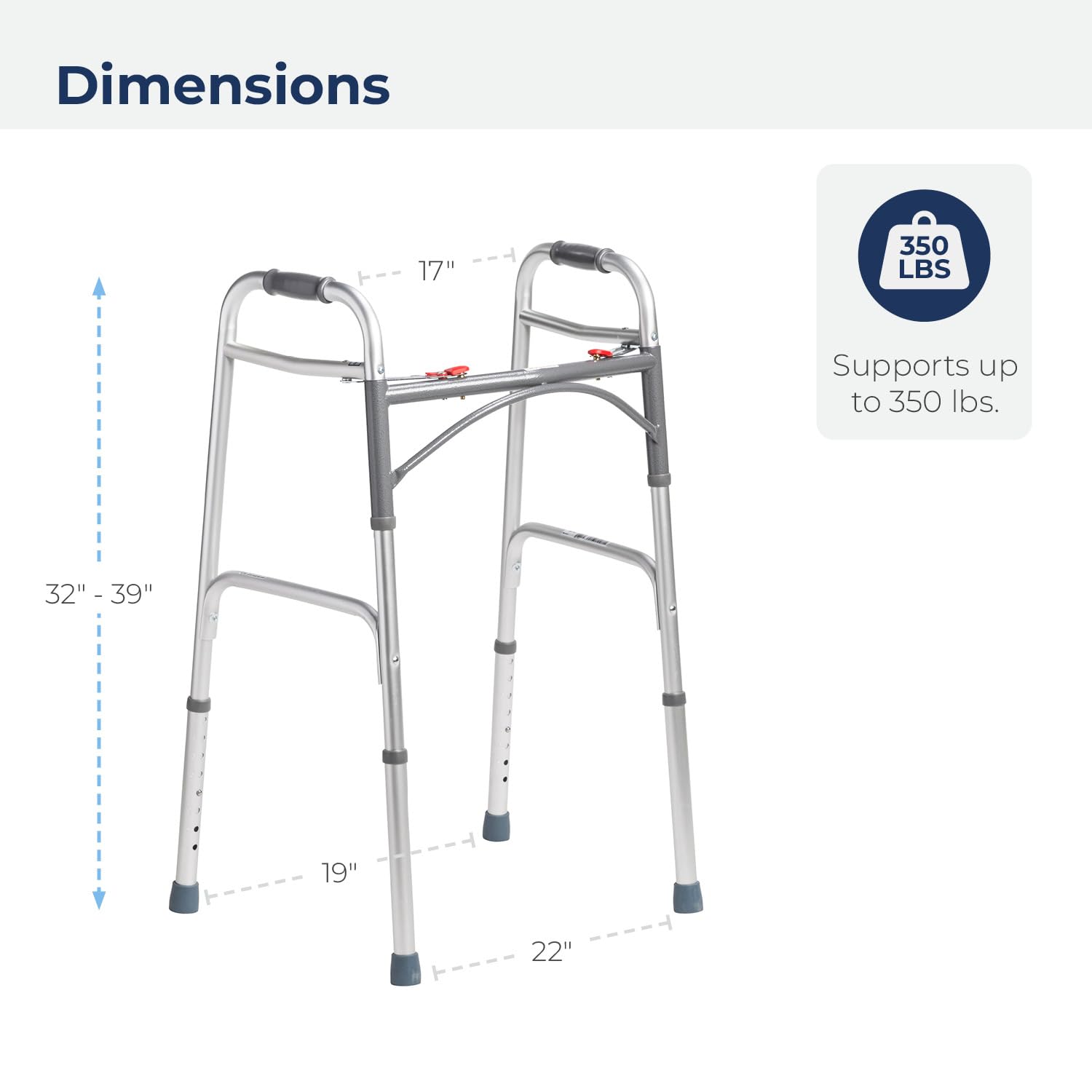 Drive Medical 2-Button Standard Foldable Walker for Seniors & Adults - Adjustable Legs - Lightweight Aluminum Construction - 350 Lb Weight Capacity - Basic Walking Aid - Silver
