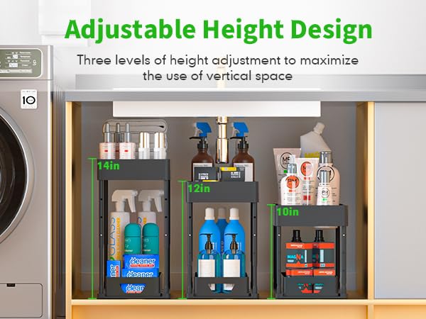 HI NINGER Under sink shelf Pull-out cabinet organizer under the, 2-tier with 4 hooks & 1 hanging cup Liftable with for kitchens.