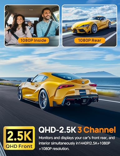 Anyski 3 Channel 5GHz WiFi Dash Cam with 64GB Card, 2.5K+1080P Dash Cam Front and Rear/Inside, 2.5K+1080P+1080P Three Way Dash Camera for Cars, Dashcam 24H Parking Mode, Support 256GB Max Silver
