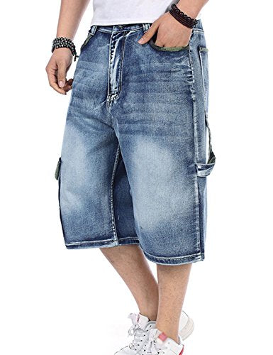 Yeokou Men's Loose Hip Hop Cropped Jeans Work Denim Shorts with Cargo Pockets (30, Light Blue)