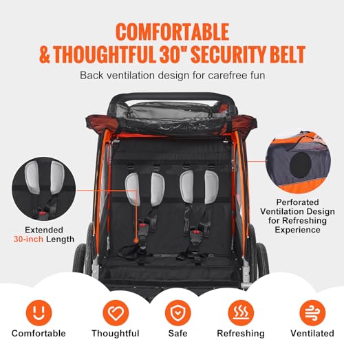 VEVOR Bike Trailer for Toddlers, Kids, Double Seat, 100 lbs Load, 2-in-1 Canopy Carrier Converts to Stroller, Tow Behind Foldable Child Bicycle Trailer with Universal Bicycle Coupler, Orange and Gray