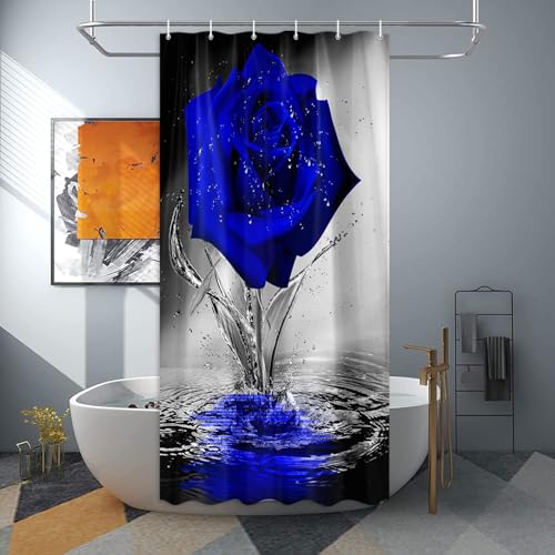 Blue Rose Shower Curtain for Bathroom, Elegant Blooming Floral with Dew Spring Flower Reflection on Water Modern Romantic Valentine's Day Bathroom Decor Shower Curtains Set with 12 Hooks36X72 Inches