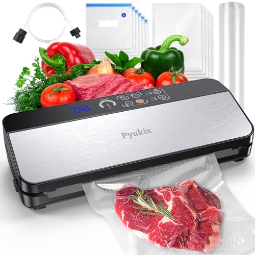 Pyukix Vacuum Sealer Machine, Food Sealer Machine 80KPA Fully Automatic 8-IN-1 Food Saver for Dry/Moist Mode with Build-in Cutter&Storage, Air Suction Hose, Digital Countdown, Bag Roll, 11 Vacuum Bags