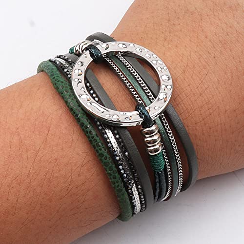 KSQS Multi-Layer Leather Circle Wrap Bracelet for Women, Handmade Bohemian Cuff Wrap Clasp Bangle Bracelet with Magnetic Buckle Jewelry(#20)