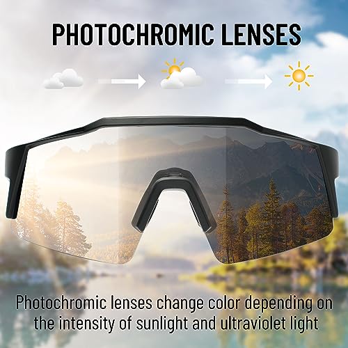 VOZAPOW Photochromic Sports Sunglasses, Cycling Sunglasses for Men Women Youth, Driving, Running, Baseball