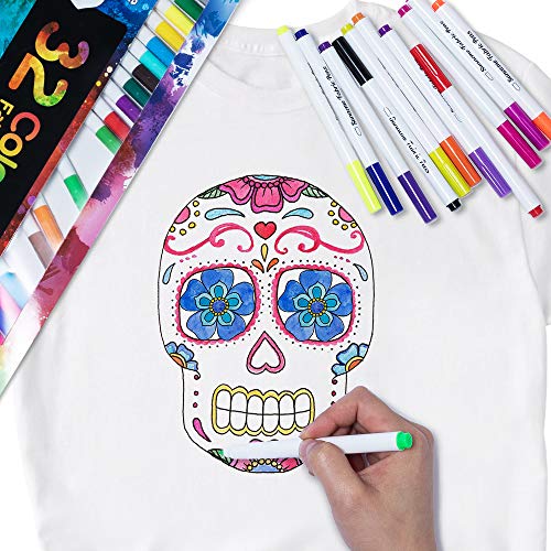 sunacme Fabric Markers Pen, 32 Colors Permanent Fabric Paint Pens for T-Shirt, Fine Tips Art Marker Set for Canvas Bags Hats Sneakers and Textiles