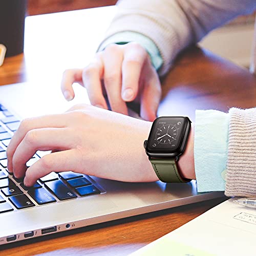 OUHENG Compatible with Apple Watch Band 42mm (Series 10) 41mm 40mm 38mm, Genuine Leather Band Replacement Strap Compatible with Apple Watch Series 10/9/8/7/6/5/4/3/2/1/SE2/SE, Dark Blue/Blue